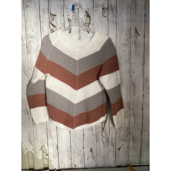 Shein Chevron Stripe Knit Sweater S Pink Grey Cream Chunky Crewneck Pullover - Picture 3 of 5